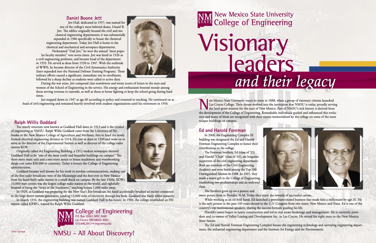 Brochure cover for New Mexico State University College of Engineering titled “Visionary leaders and their legacy,” featuring portraits of Daniel Boone Jett, Ralph Willis Goddard, and Ed and Harold Foreman.