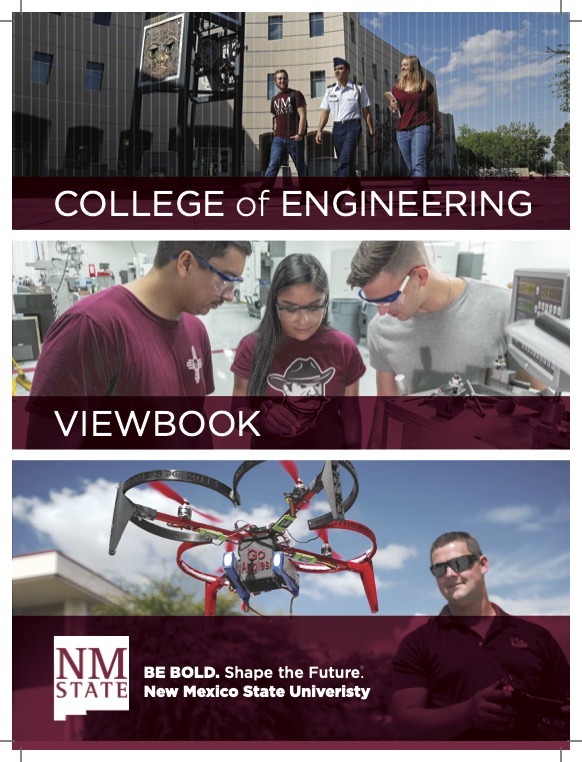Cover of the College of Engineering viewbook for New Mexico State University, showing engineering students and a drone demonstration.