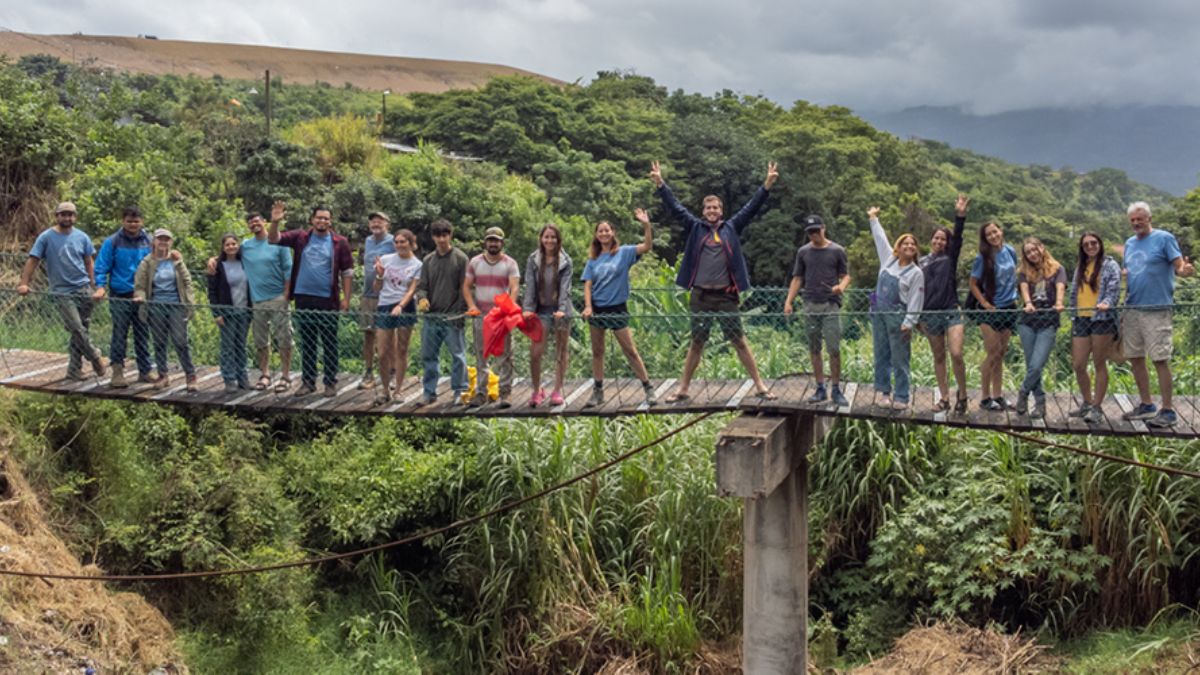 Students on a homemade bridge.